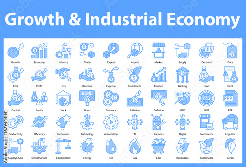 Economic and industrial growth Icon Collection and Sheet. Containing: Growth,Economy,Industry,Trade,Export,Import,Market,Supply,Demand,Price,Cost,Profit,Loss,Revenue,Expense,Investment,Finance,Banking