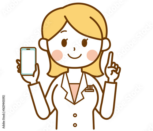 スマホを持ってポイントを説明する白衣の女性のイラスト