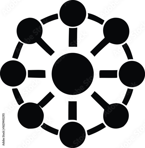 Abstract geometric network diagram featuring a central circle connected to eight surrounding circles via radiating lines