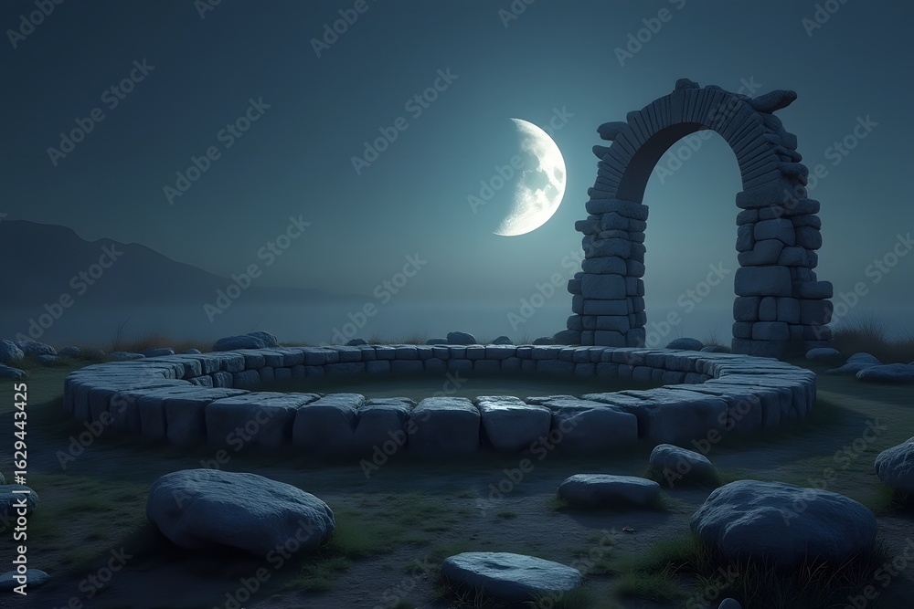 Fototapeta premium A crescent moon over an ancient stone circle. 