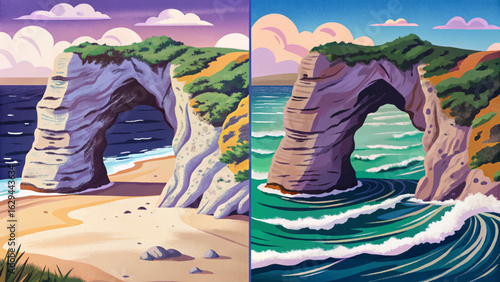 Coastal arch formed by wave erosion and cliff landscape