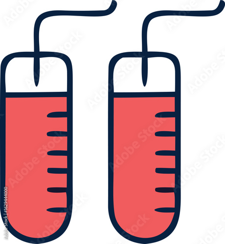 Two cartoon style blood bags filled with red liquid and marked with measurement lines connected by thin black tubes
