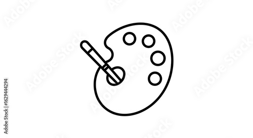 A line drawing of an artist's palette with a paintbrush resting on it in black and white style
