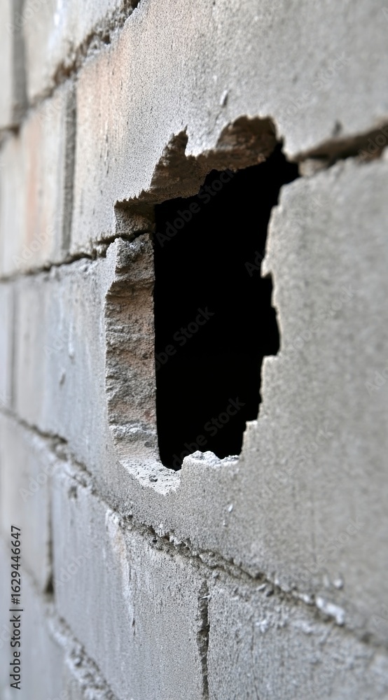 Close-Up View of a Hole in a Weathered Concrete Block Wall Close-Up View of a Hole in a Weathered Concrete Block Wall