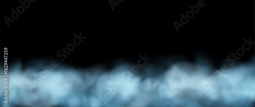 Blue smoke on floor vector realistic background. Cloud effect in darkness. Transparent sky border