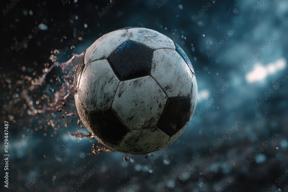 Naklejka premium Dynamic soccer ball flies through the air, creating excitement during an intense match in an illuminated stadium at night