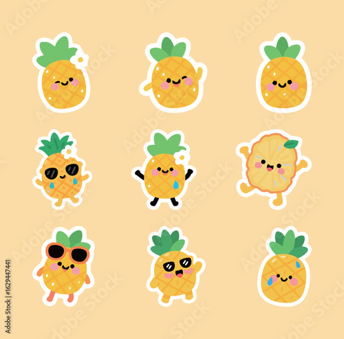 A fun and tropical collection of cute cartoon pineapples, vector illustration set with different happy and playful expressions.