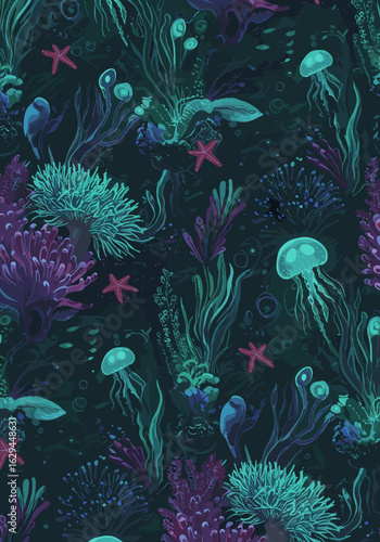 Vibrant underwater scene with coral reefs, jellyfish, seaweed, and starfish in a dark teal ocean environment