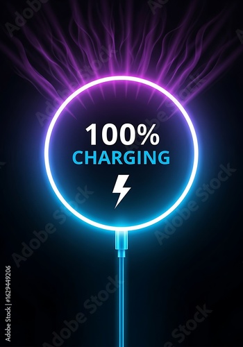 A glowing neon circle displays a fully charged battery with a lightning bolt symbol and vibrant colors on a dark backdrop