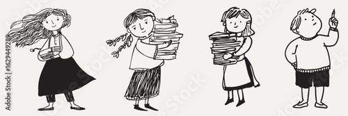 Four children black and white illustration, each holding or interacting with books, convey playful and educational theme. children are depicted with different hairstyles and clothing