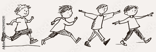 Four playful sketches of boys running, each in different pose, capture sense of movement and joy. simple line art style emphasizes their dynamic motion and youthful energy