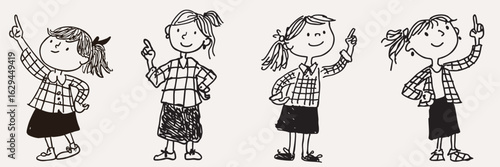 Four playful, hand drawn girls in checkered shirts and skirts are joyfully pointing upwards, each with unique hairstyle and expressive pose, conveying sense of fun and curiosity