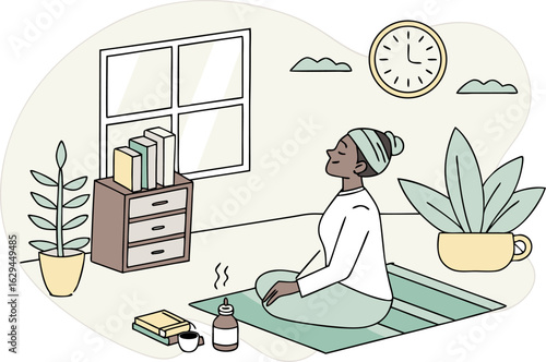 A woman meditates peacefully in her home finding calm and tranquility amidst her daily routine with plants and books for comfort
