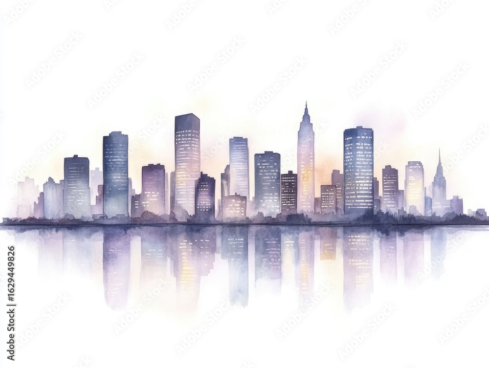 Obraz premium Elegant watercolor portrayal of a city skyline at twilight cool blues and purples merging into glowing windows capturing the urban vibrancy and energy of the metropolitan landscape