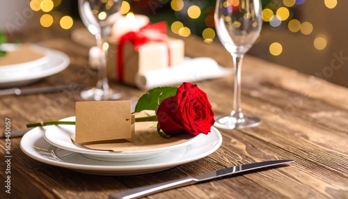 Romantic table setting with a single red rose, place card, and elegant dinnerware