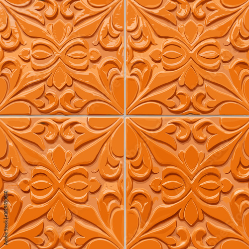 Ornate orange ceramic tile pattern featuring a glossy finish and raised relief floral designs, creating a vintage aesthetic and architectural texture for backgrounds and surfaces
