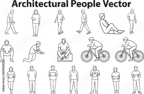 Architectural People Vector Set Outlined Figures for Design and Illustration Various Poses and Activities Standing Sitting Walking Biking Reading