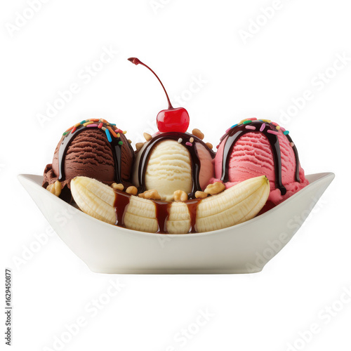 Close-up of a plate with a banana split ice cream and differen fruits and nuts isolated on white background