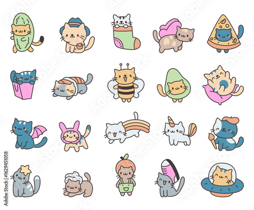 Cat kawaii character set with different costumes smiling lying holding brush, sitting on pillow, in spaceship perfect for your illustration and creative designs projects