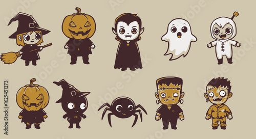 Cute Halloween Characters Vector Set: Witch, Pumpkin, Vampire, Ghost, Zombie