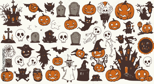 Spooky Halloween Vector Set: Pumpkins, Ghosts, Tombstones, Haunted Houses