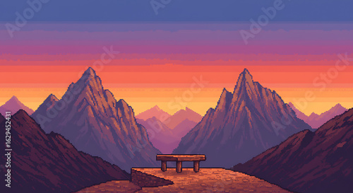 Pixel Art Sunset Mountain Bench Landscape