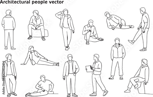 Diverse Collection of Line Art People in Various Poses for Architectural Renderings and Design Projects with Simple Style
