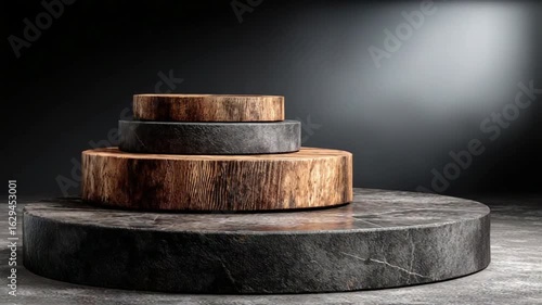 Four textured stone and wood podiums stacked concentrically under dramatic lighting on a dark, textured surface.