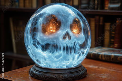 A crystal ball with a skull inside.