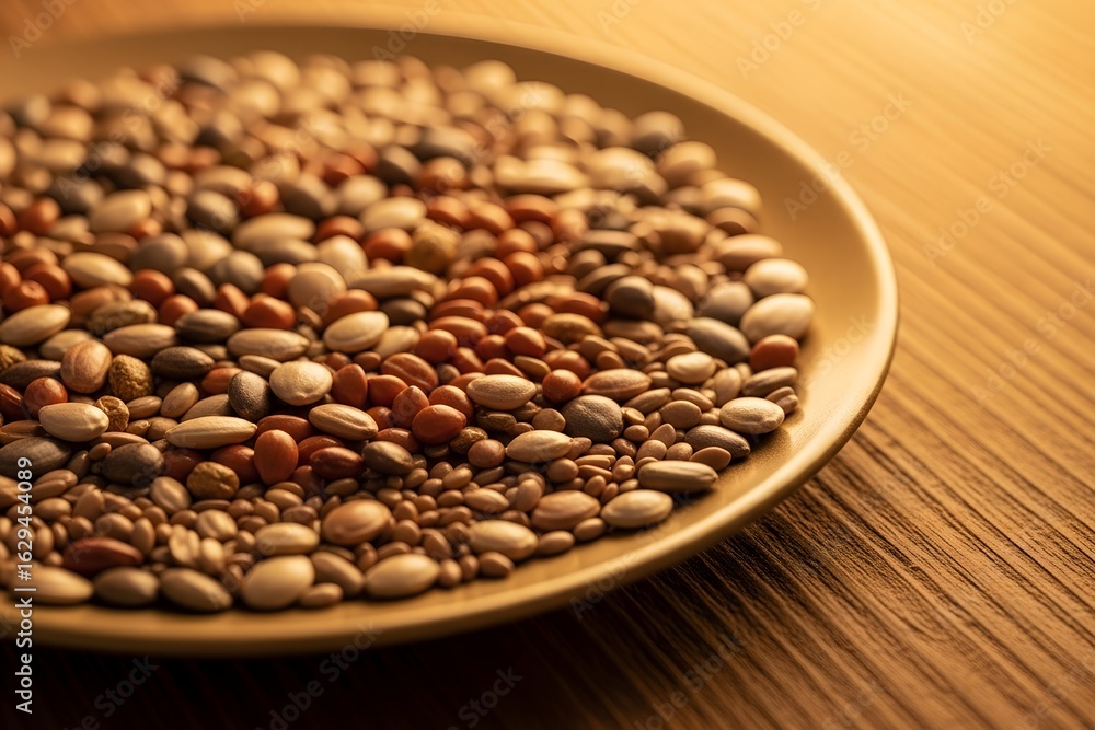 Obraz premium A close up shot of a plate filled with a variety of seeds on a wooden surface under warm lighting