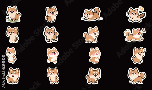 A collection of cute cartoon Shiba Inu dogs, vector illustration set of playful and adorable puppies with different poses and expressions.