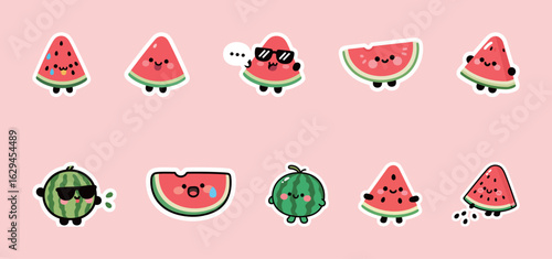 A set of cute cartoon watermelon slices and whole watermelons, vector illustration of a refreshing fruit with various funny expressions.