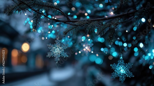 Close-up of Blue-lit Christmas Decorations with Bokeh on Dark Background, Black White Palette