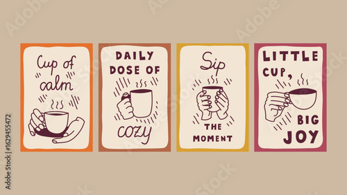 Vintage Tea and Coffee Posters with Quotes Set. Hand drawn retro banners with hand holding cup of hot drink with steam. Sketch style vector illustration for cafe and restaurant decor