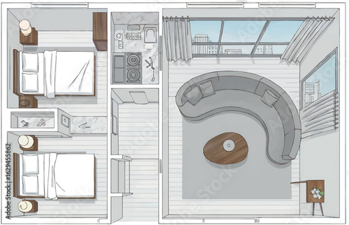 Modern apartment floor plan with two bedrooms spacious living room and contemporary design showcasing interior architecture