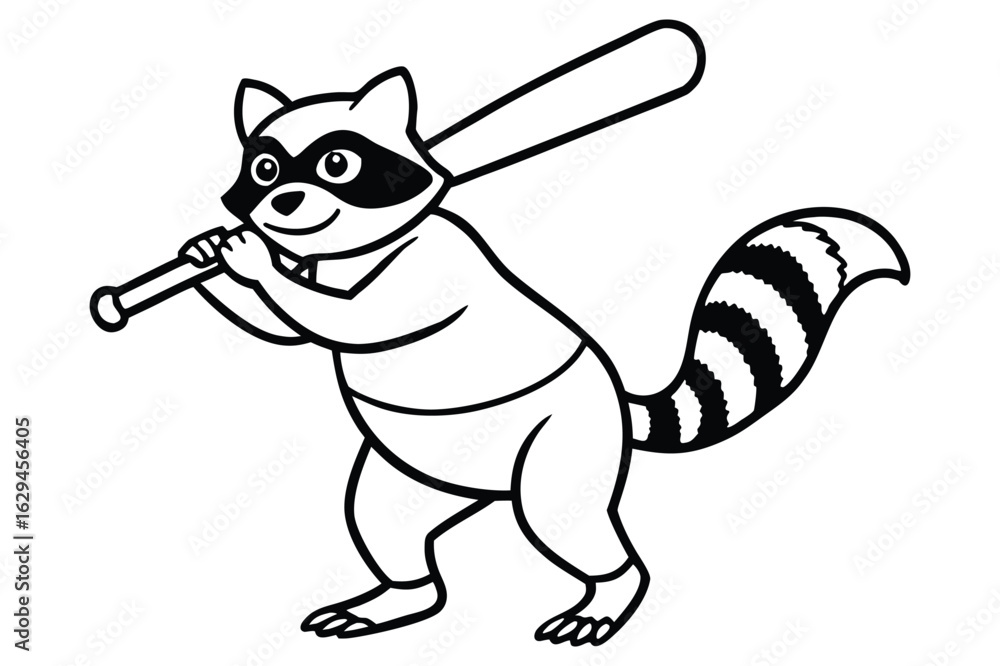 Obraz premium Cartoon raccoon holding a baseball bat ready to swing