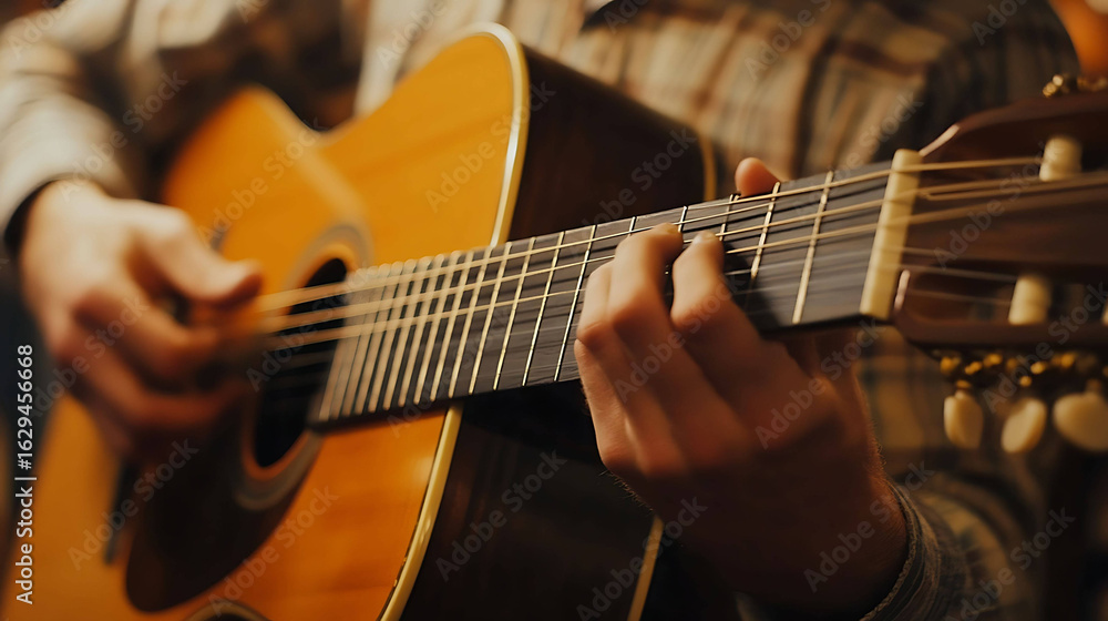 Fototapeta premium A boutique guitar shop with acoustic instruments and friendly staff