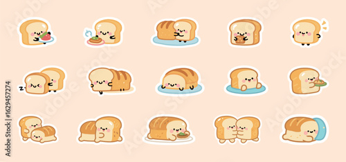 A collection of cute cartoon bread slices and loaves, vector illustration set depicting various happy emotions and actions for food themes.