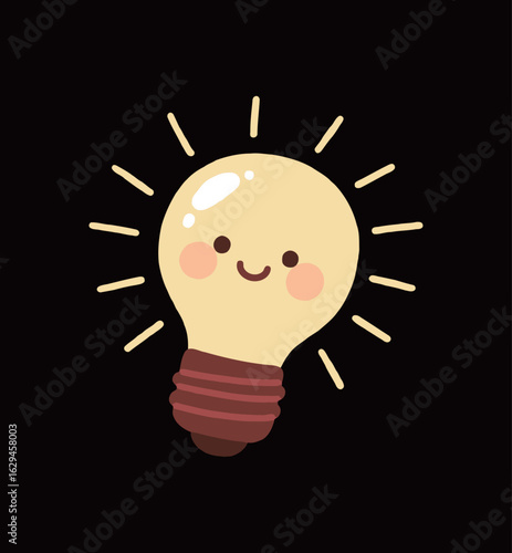 A single, cute cartoon light bulb, vector illustration with a happy and smiling face, symbolizing ideas and innovation.