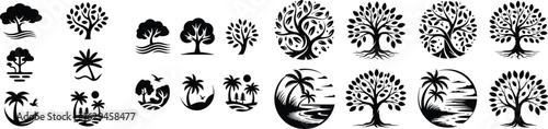 Black Silhouette Collection of Trees and Tropical Palm Trees on White Background, Illustration