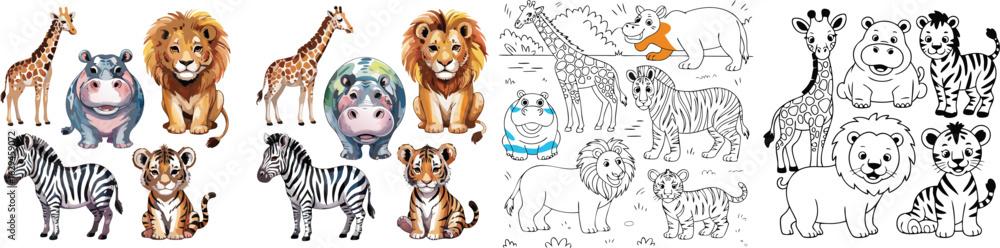 Obraz premium Cartoon Animals Set Illustration Giraffe, Lion, Hippo, Zebra, and Tiger, Color and Black White