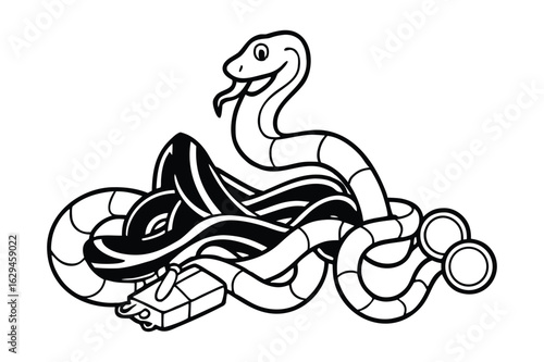 Cartoon snake coiled around a treasure chest with a happy expression