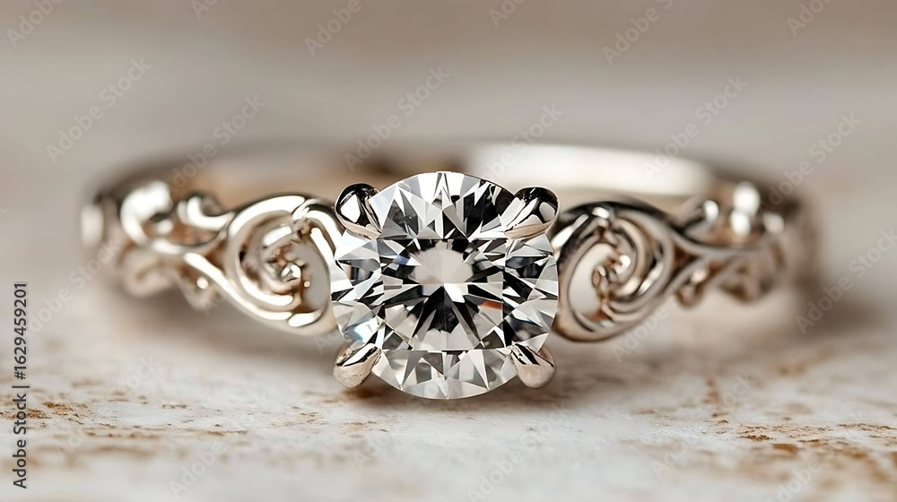 A delicate engagement ring with a round-cut diamond and intricate band details A delicate engagement ring with a round-cut diamond and intricate band details