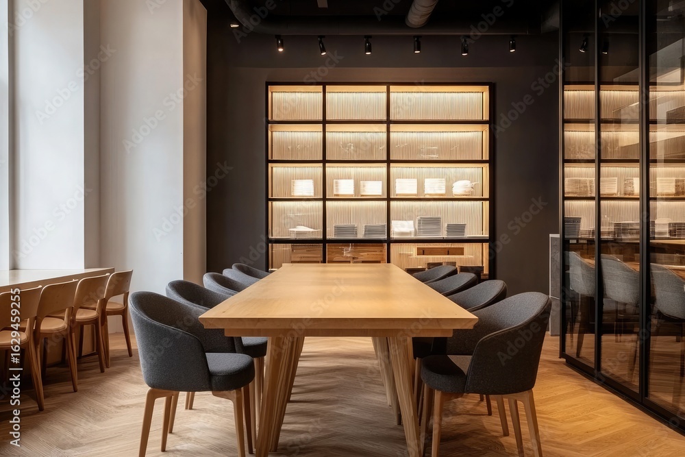 Fototapeta premium Dining Room Interior with Wooden Table Gray Chairs And Lit Display Cabinet