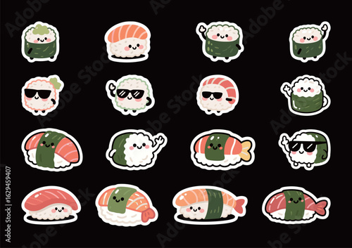 A set of cute cartoon sushi pieces, vector illustration collection of various Japanese food with funny expressions and accessories.