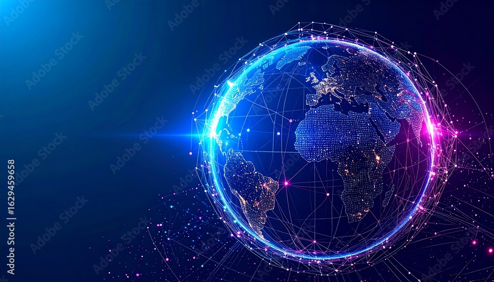 Naklejka premium A glowing blue and purple Earth globe with interconnected lines and dots, symbolizing global technology.