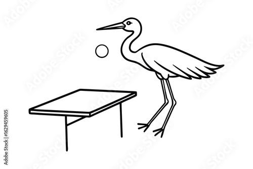 Whimsical line art illustration of a heron playing ping pong