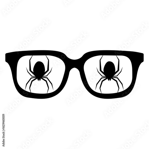 Logo con silueta de gafas de sol con silueta de araña viuda negra para felicitaciones y tarjetas de Halloween