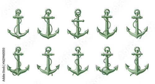 Ten Green Anchors with Detailed Designs and Nautical Elements.