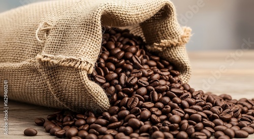 Roasted coffee beans spilling out of a burlap sack on wooden table detail